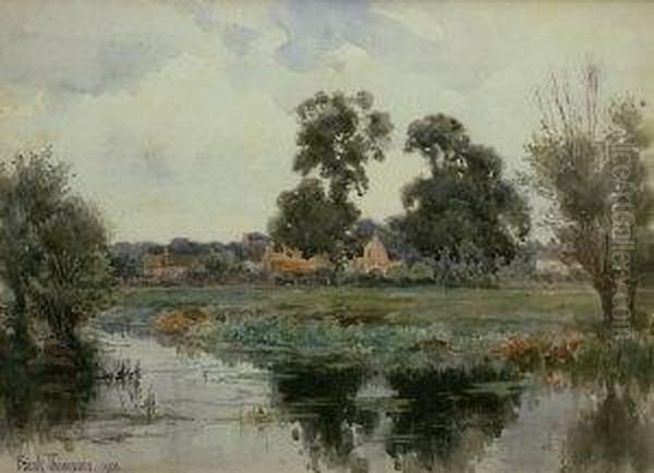 Tranquil Village River Landscape Oil Painting by Frank Thompson