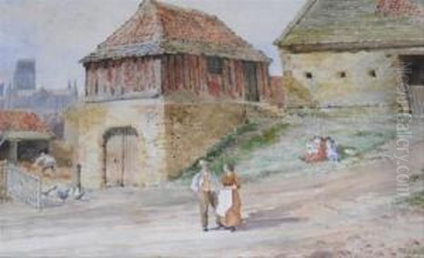 Figures Before A Tythe Barn, With Cathedral Distant Oil Painting by Frank Thompson