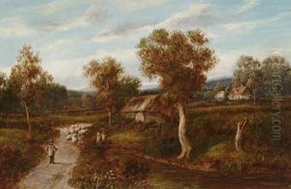 Sheep With A Shepherd On A Country Lane, With Figures Before A Barn Oil Painting by Harry Thompson