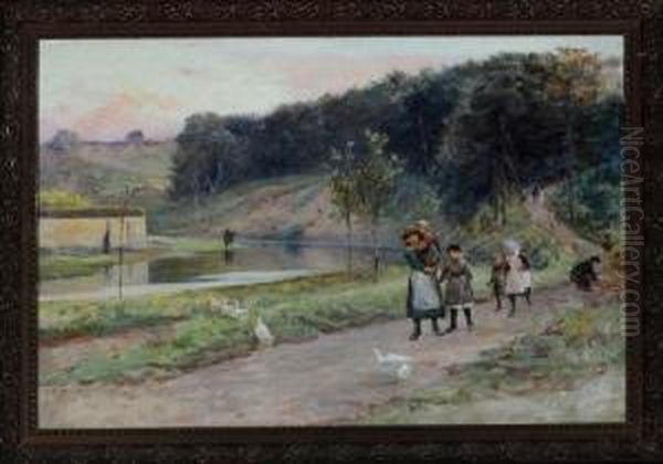 Children And Ducks On A North Yorks Riverside Path Oil Painting by Isa Thompson