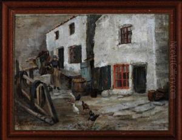 A Staithes Fishergirl Feeding Poultry Oil Painting by Isa Thompson