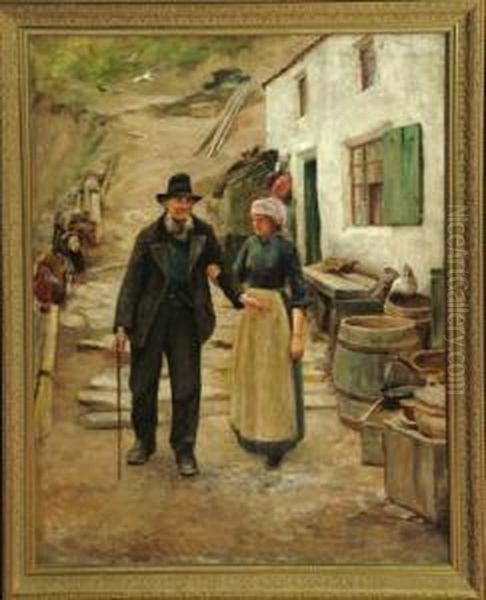 35 3/4in. X 28in. A Scene In A Yorkshire Fishing Village-a Fishergirl Assisting An Elderly Man. See Illustration Oil Painting by Isa Thompson