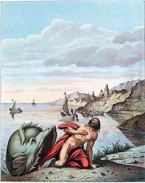 Jonah thrown out by the whale on the shore Oil Painting by Theodore Amst