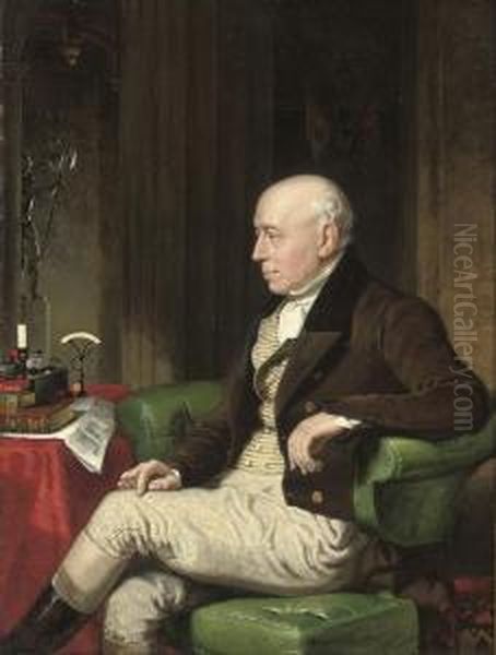 Portrait Of William, 1st Earl Of Lonsdale, K.g., (1757-1844),seated Three-quater-length In A Green Armchair Oil Painting by Jacob Thompson