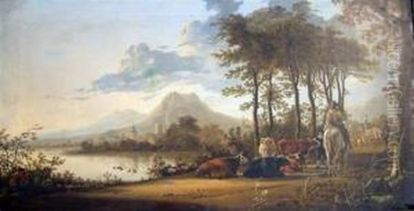 River Landscape With Horsemen And Peasants Oil Painting by Jacob Thompson