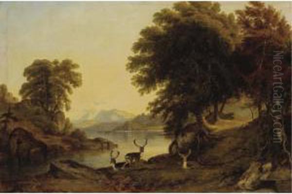 Deer By The Banks Of A Lake Oil Painting by Jacob Thompson