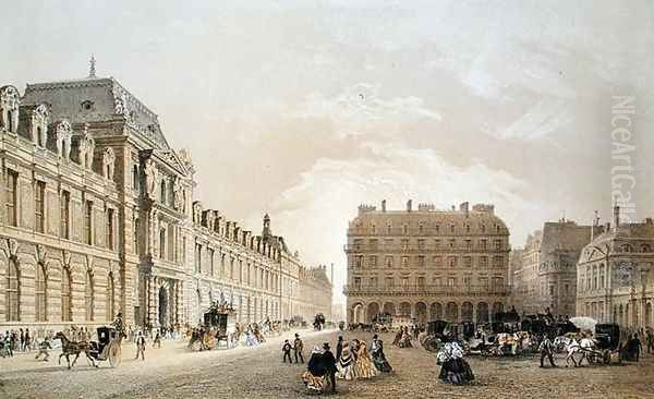 View of the facade of the Louvre, the Rue de Rivoli and the Palais Royal 1855 Oil Painting by Louis Jules Arnout