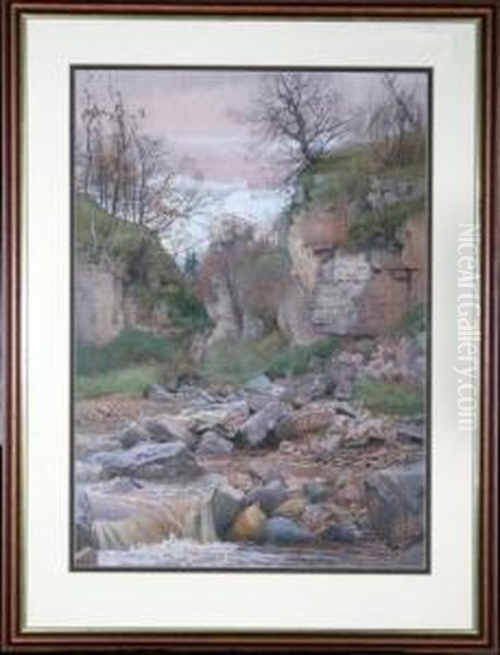 A Tree-lined Rocky River-bed Oil Painting by Stanley Thompson