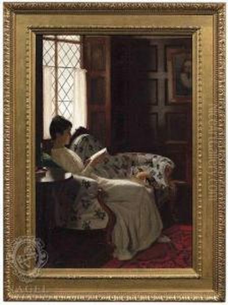 Reading Lady In A Panelled Interior by Stanley Thompson