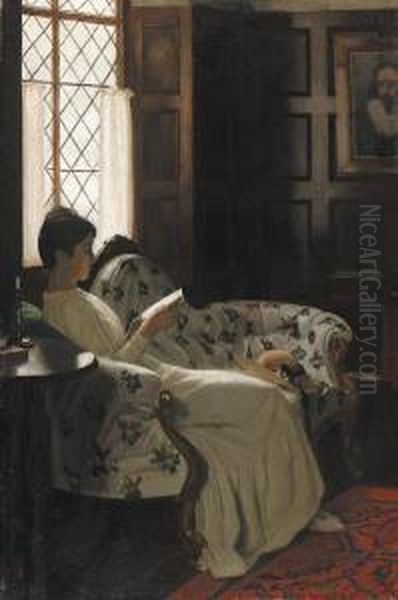 Portrait Of The Artist's Wife, Orah, Reading In A Panelledinterior Oil Painting by Stanley Thompson