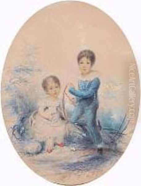 A Young Boy And His Sister In A Landscape Oil Painting by William John Thompson