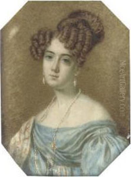 Charlotte Trotter, In Off-the-shoulder Blue Dress, A Patterned Stole Over Her Shoulder, Her Hair Dressed In Ringlets And Topknot Oil Painting by William John Thompson