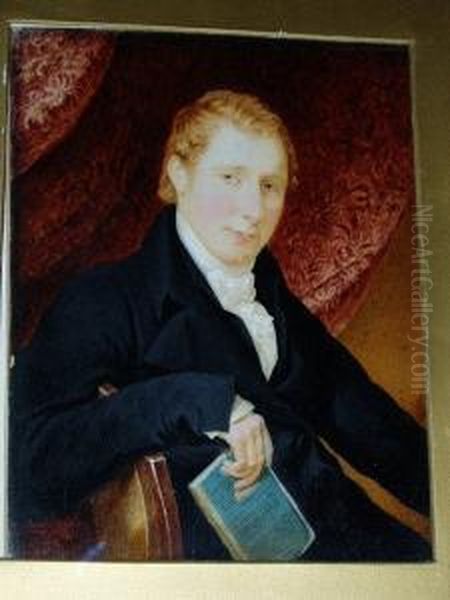 A Miniature Portrait Of A Gentleman, Seated, Holding A Book, Wearing A Black Coat, Frilled White Cravat And Tied Stock Oil Painting by William John Thompson