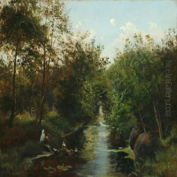 Forest With Ducks Ata Lake Oil Painting by August Carl Vilhelm Thomsen