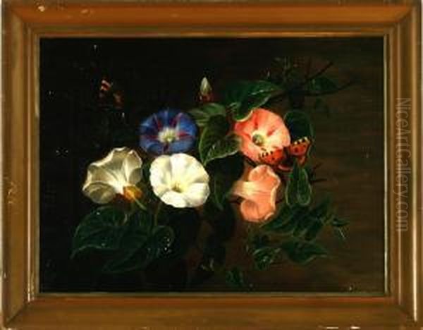 A Still Life With White, Pink And Blue Bindweeds Plus A Butterfly Oil Painting by Camilla Thomsen