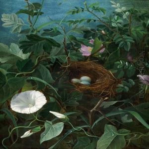 A Bird's Nest Hidden Between Bindweed And Roses Oil Painting by Emma Thomsen