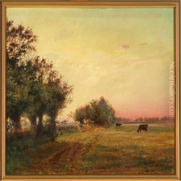 Evening Atmosphere With Cows On A Field At Vennerslund Manor On Falster Oil Painting by Pauline Thomsen