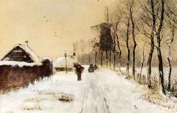 Wood Gatherers On A Country Lane In Winter Oil Painting by Louis Apol