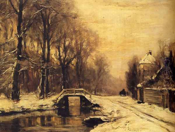 A Snowcovered Forest With A Bridge Across A Stream Oil Painting by Louis Apol