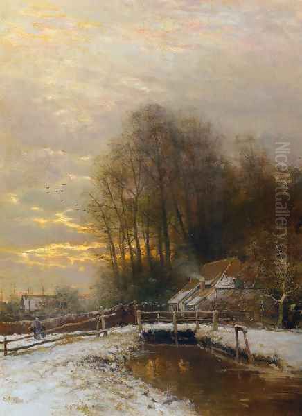 Winter Landscape with Peasant Woman and Child Oil Painting by Louis Apol