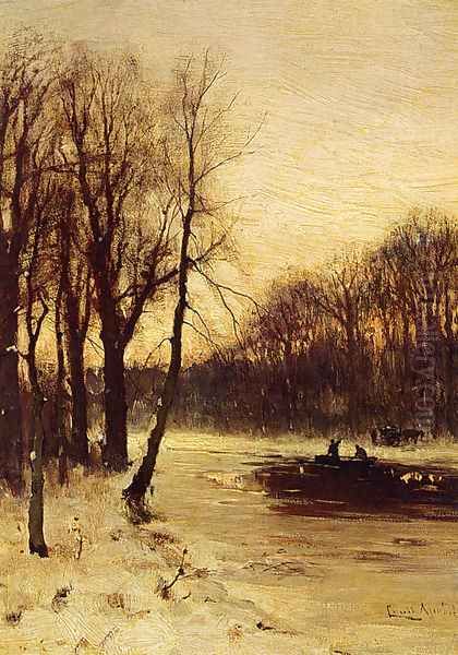 Figures In A Winter Landscape At Dusk Oil Painting by Louis Apol