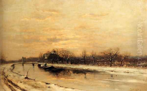 Winter: An Orchard Alongside A Canal With A Farmhouse In The Distance At Dusk Oil Painting by Louis Apol