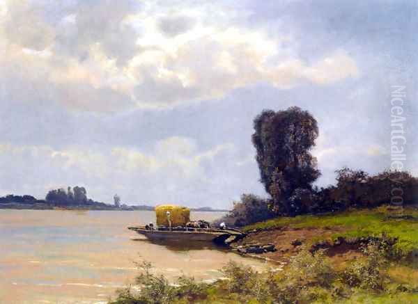 A Ferry In A Summer Landscape Oil Painting by Louis Apol