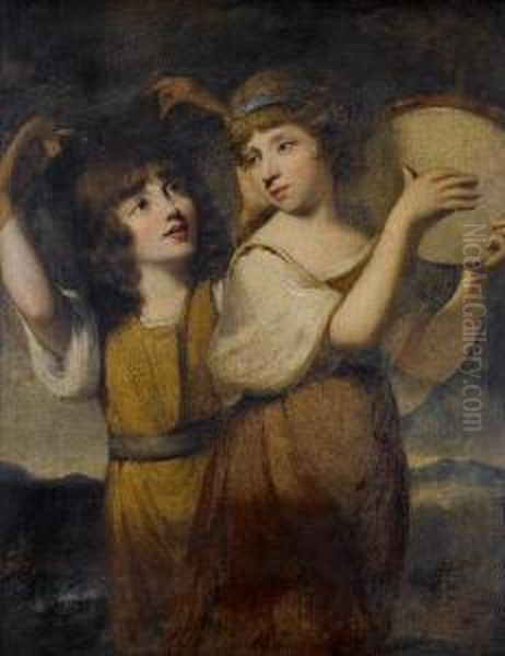 Portrait Of Two Girls In A Landscape, Onedancing, The Other Playing A Tambourine Oil Painting by Henry Thomson