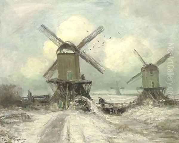 Windmills in a snow covered polder landscape Oil Painting by Louis Apol