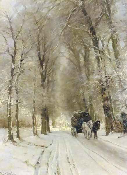 A horse drawn cart on a snowcovered forest track Oil Painting by Louis Apol