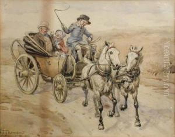 An Elderly Courting Couple Out For A Drive With A Coachman Driving A Pair Of Greys Oil Painting by Hugh Thomson