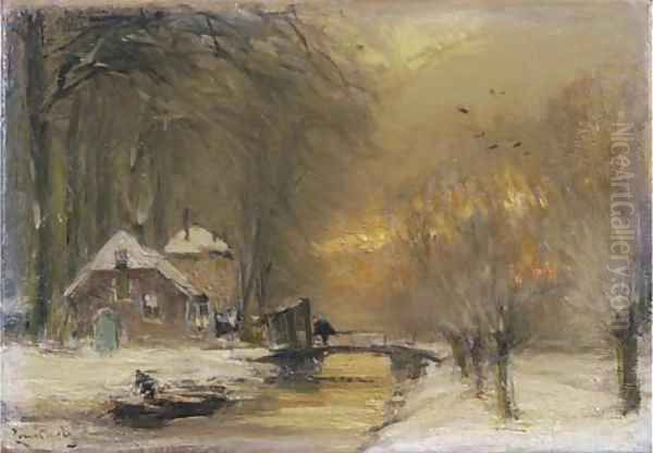 A farm by a stream in winter Oil Painting by Louis Apol