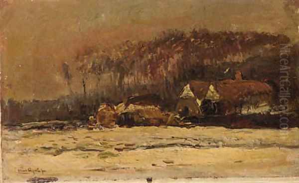 A farmstead in a winter landscape Oil Painting by Louis Apol