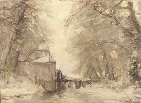 A watermill in winter Oil Painting by Louis Apol