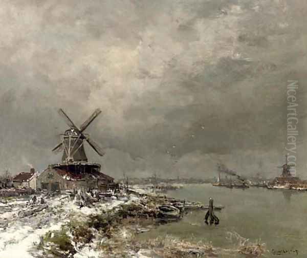 A windmill along a river in winter Oil Painting by Louis Apol