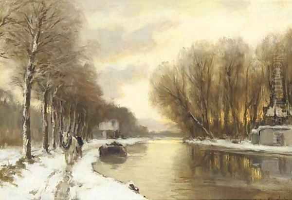 Sunset over a river in winter Oil Painting by Louis Apol