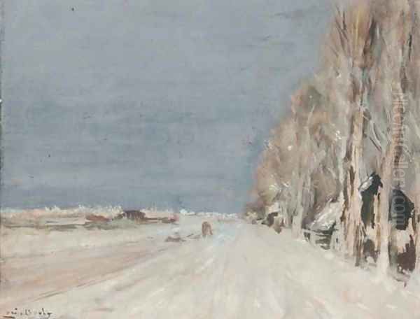 Trees along a snowy lane Oil Painting by Louis Apol