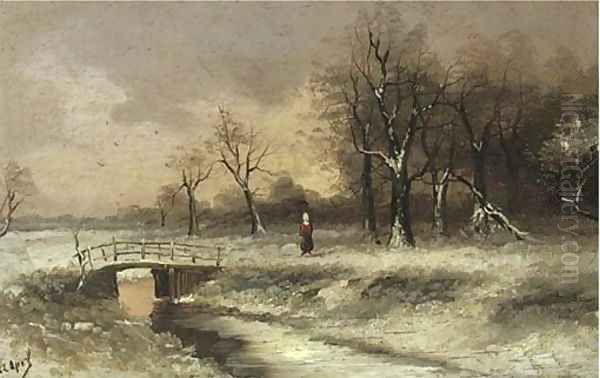 A figure walking beside a stream, in a snowy landscape Oil Painting by Louis Apol