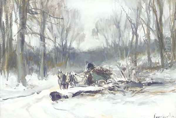 A horse-drawn cart on a frosty winter track Oil Painting by Louis Apol