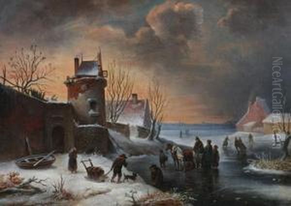 Winter Village Scene Oil Painting by F Thonnard