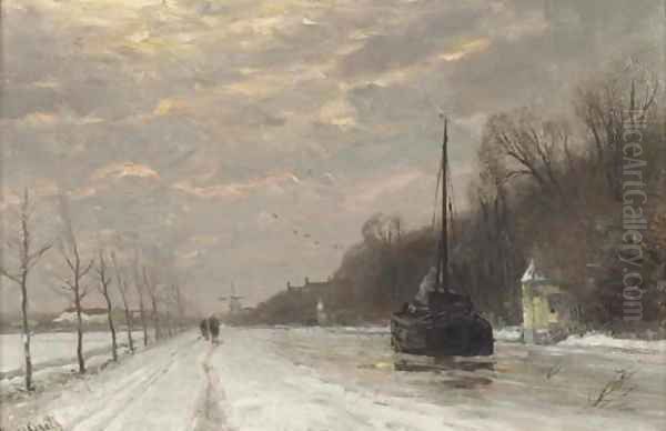 By the canal in winter at dusk Oil Painting by Louis Apol