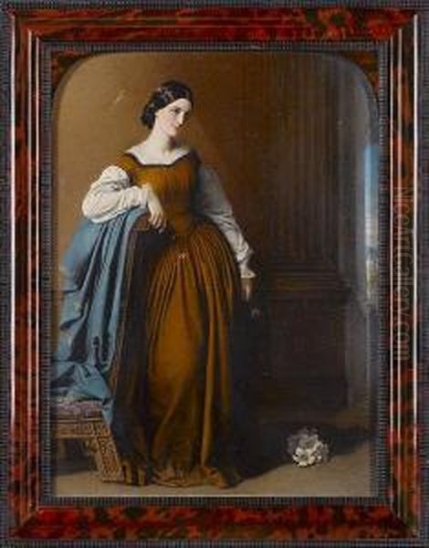 Mrs. Georgiana Maria Grenfell Glyn (d.1894), Full-length, Wearing Brown Dress Over White Chemise With Gathered Neckline And Lace Cuffs, She Leans Against A Carved Wood Chair Draped With Blue Fabric, She Holds A Violet, A Stem Of Lilies On The Floor To Her Oil Painting by Robert Thorburn