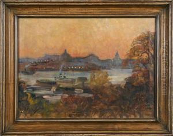 Stockholmsvy, Signerad Och Daterad Hildegard Thorell 1920 Oil Painting by Hildegard Katarina Thorell