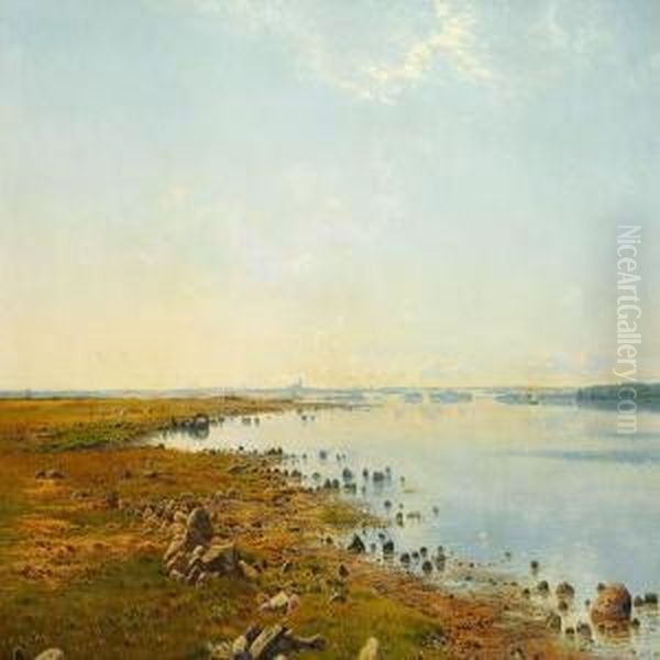 Sommerdag Ved Isefjorden, Motivet Taget Fra Eskildso, I Baggrunden Roskilde Domkirke Oil Painting by Anton Erik Ch. Thorenfeld