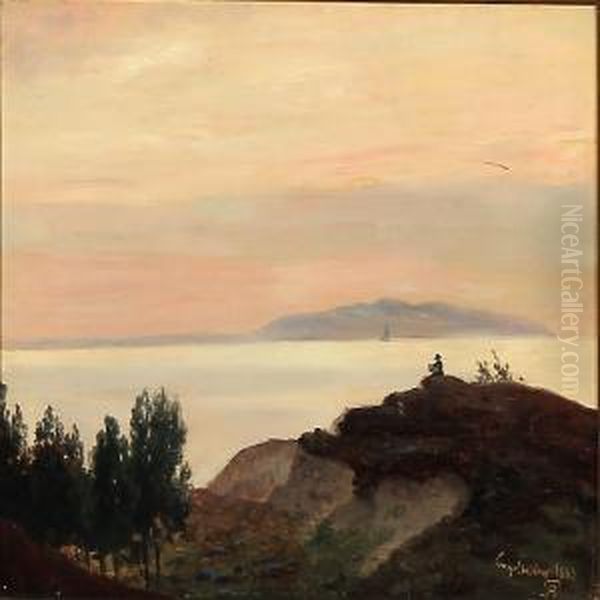 A Painter On A Hilltop Near Engelholm, Sunset Oil Painting by Anton Erik Ch. Thorenfeld