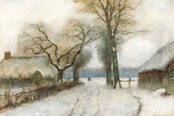 A snow-covered country lane Oil Painting by Louis Apol