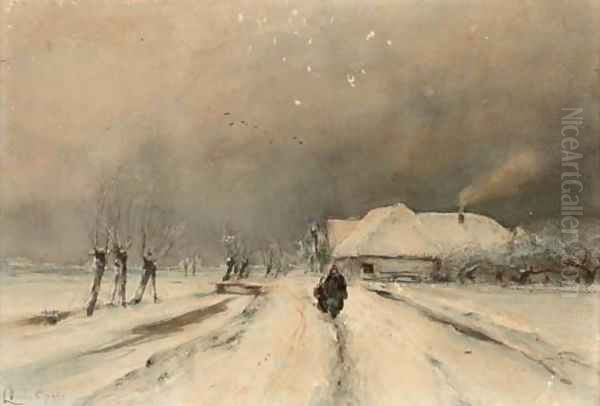 On a snow covered path Oil Painting by Louis Apol