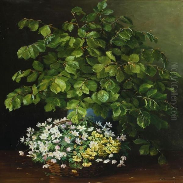 A Beech Branch And A Basket Of Anemone And Primulas Oil Painting by Emmy Marie Caroline Thornam