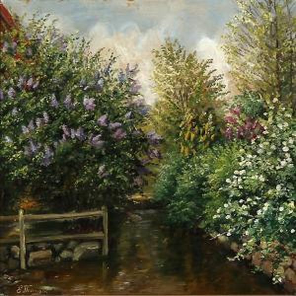 Blooming Lilacs At A Stream Oil Painting by Emmy Marie Caroline Thornam