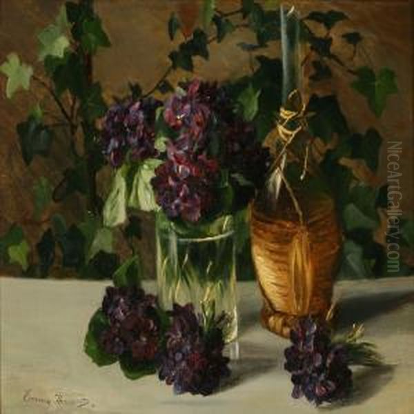 Violets And A Chiantibottle On A Table Oil Painting by Emmy Marie Caroline Thornam